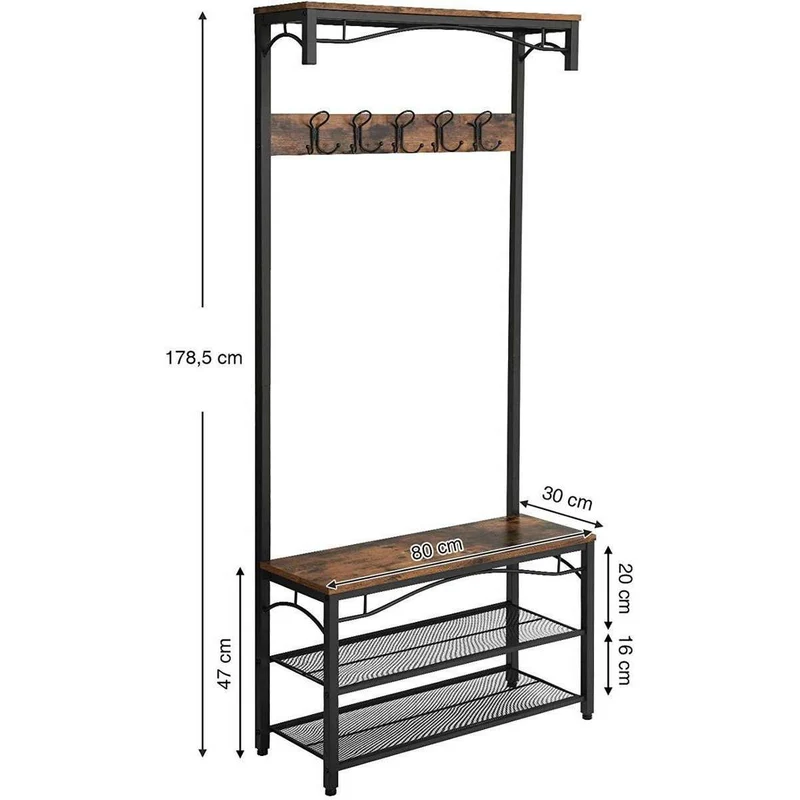Nancy's Glencoe Garderoberek - Kapstok - Schoenenrek - Vintage Bruin / Zwart - ± 80 x 30 x 180 cm