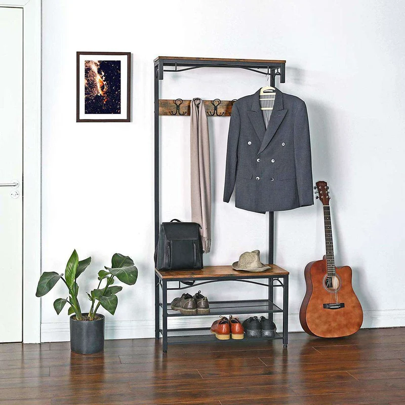 Nancy's Glencoe Garderoberek - Kapstok - Schoenenrek - Vintage Bruin / Zwart - ± 80 x 30 x 180 cm