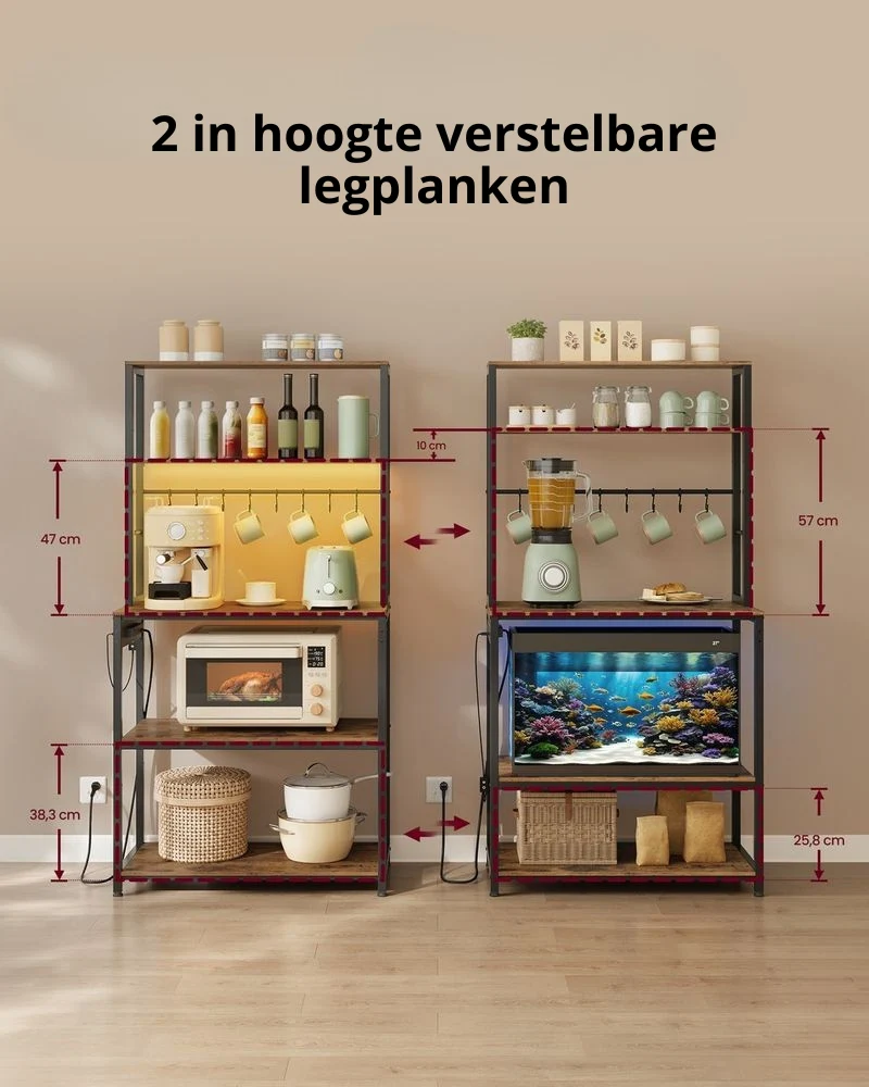 Nancy's Parcines Keukenkast - Keukenrek - LED-Verlichting - Vintage Bruin / Zwart - ± 80 x 40 x 170 cm