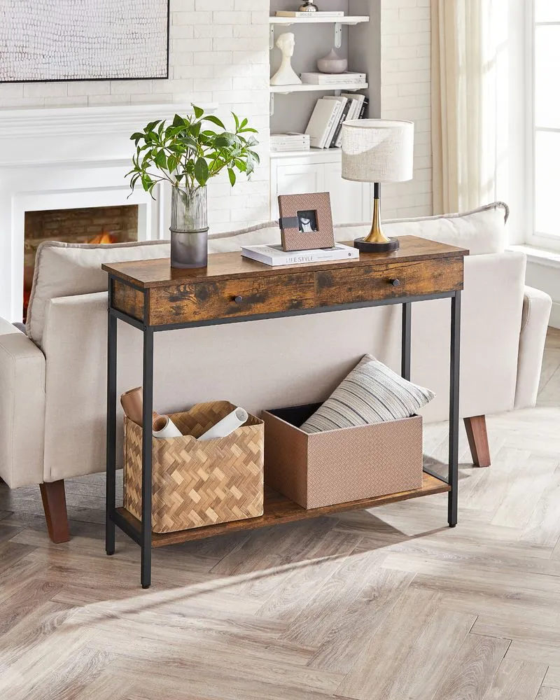Nancy's Sandbach Consoletafel Met Laden - Industrieel - Zwart - Bruin - Dressoir - Bijzettafel - 100 x 30 x 80 cm (L x B x H)