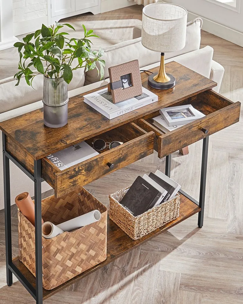 Nancy's Sandbach Consoletafel Met Laden - Industrieel - Zwart - Bruin - Dressoir - Bijzettafel - 100 x 30 x 80 cm (L x B x H)