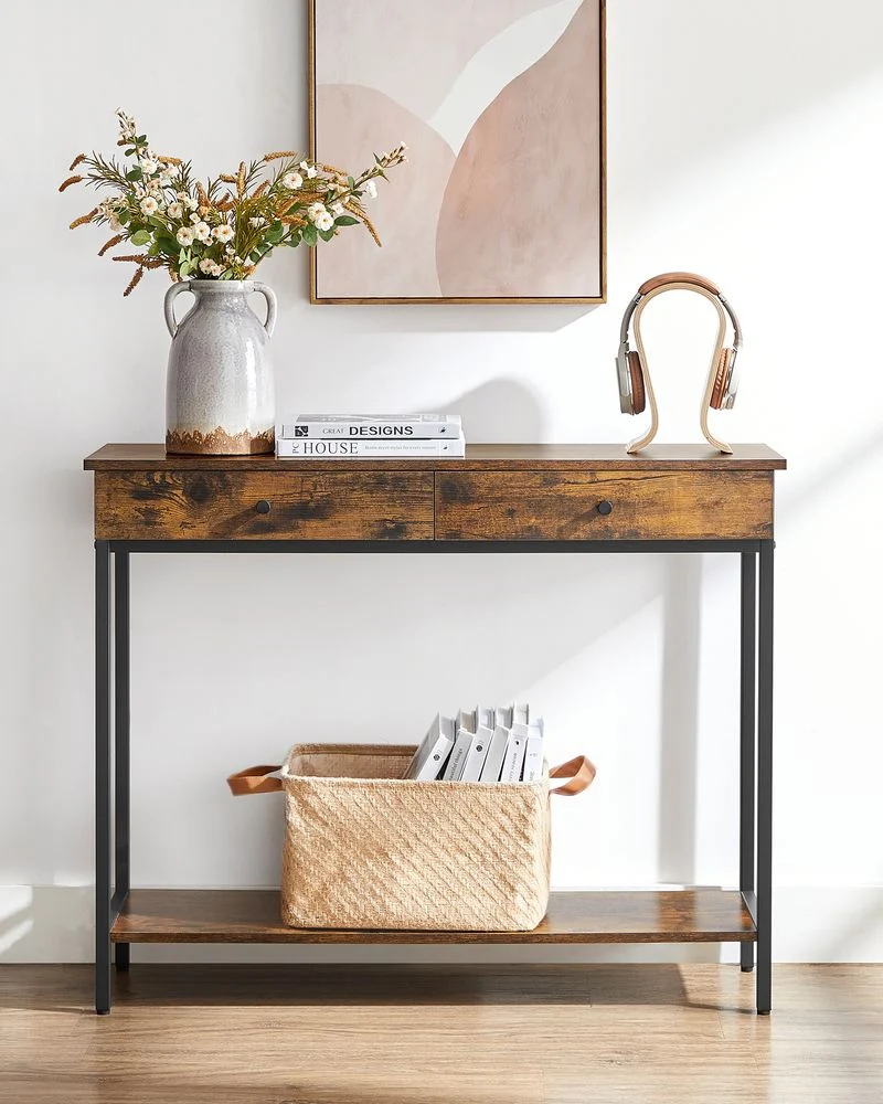 Nancy's Sandbach Consoletafel Met Laden - Industrieel - Zwart - Bruin - Dressoir - Bijzettafel - 100 x 30 x 80 cm (L x B x H)