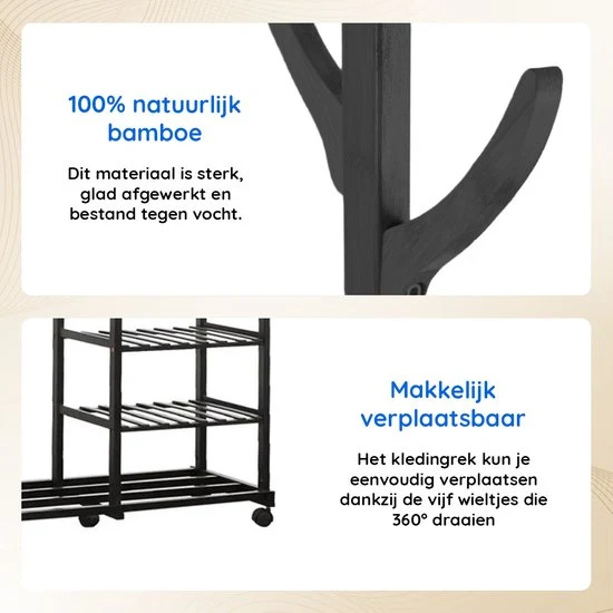 Eleganca Kledingrek op Wieltjes - Garderoberek - Garderobekast - Bamboe - Zwart - 100 x 38 x 176 cm