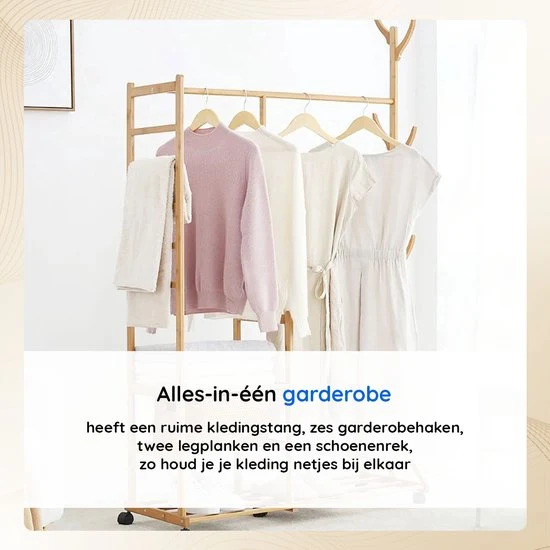 Eleganca Kledingrek op Wieltjes - Garderoberek - Garderobekast - Bamboe - 100 x 38 x 176 cm
