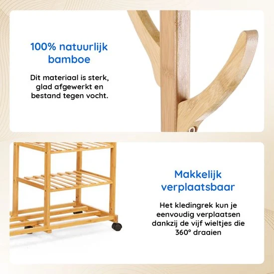 Eleganca Kledingrek op Wieltjes - Garderoberek - Garderobekast - Bamboe - 100 x 38 x 176 cm