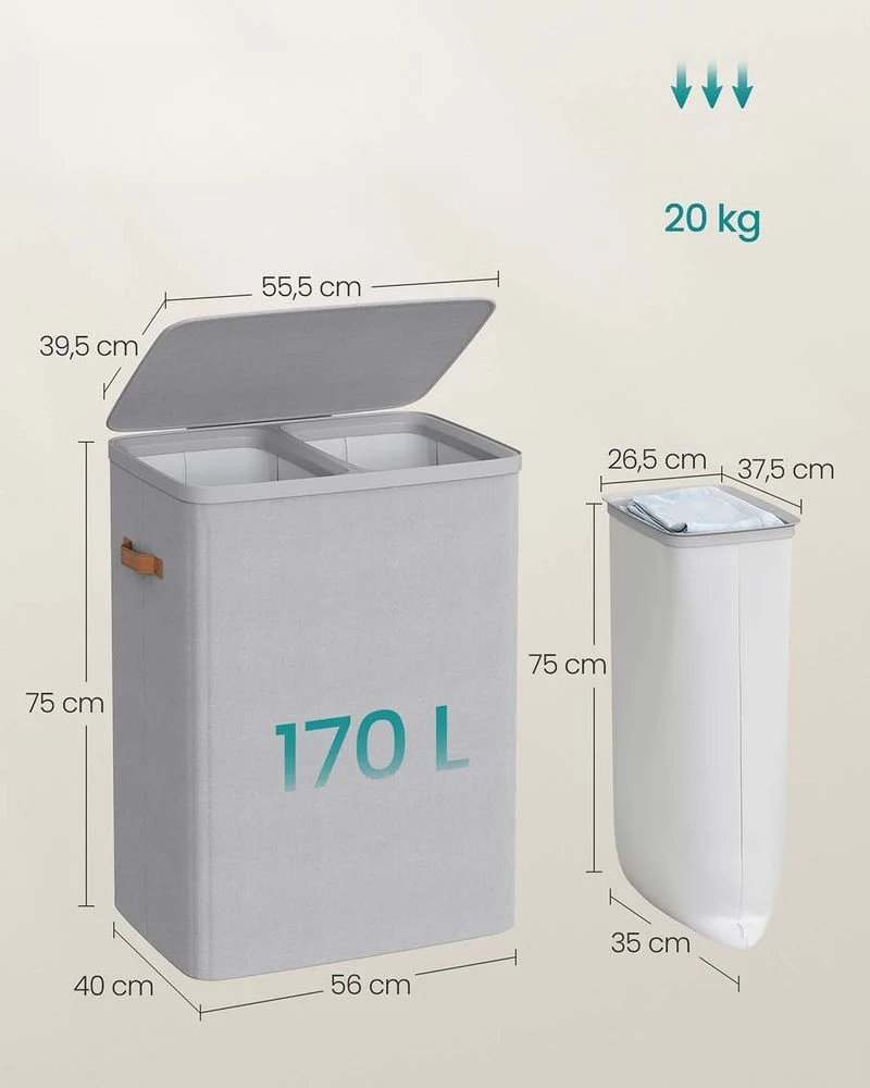 Nancy's Grignasco Wasmand - Wasbox - Wassorteerder - 2 Vakken - Grijs - 170 Liter