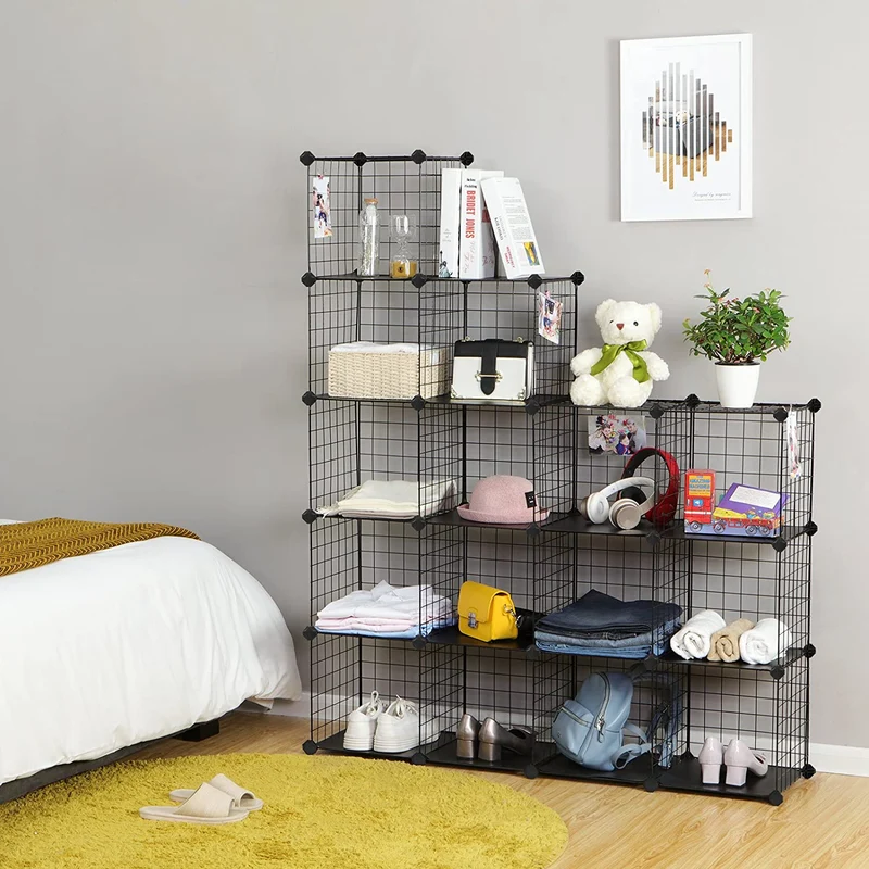 Nancy's Granet Vakkenkast - Opbergkast - 16 Kubussen - Schoenenrek - Staal - Organizer - Zwart - ± 120 x30 x 120 cm