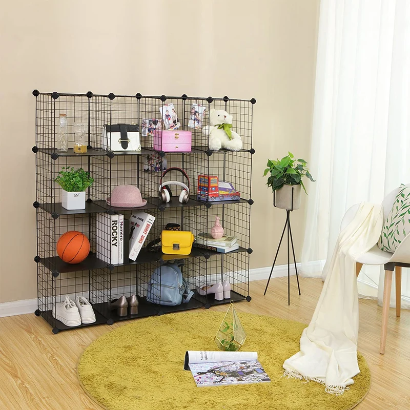 Nancy's Granet Vakkenkast - Opbergkast - 16 Kubussen - Schoenenrek - Staal - Organizer - Zwart - ± 120 x30 x 120 cm
