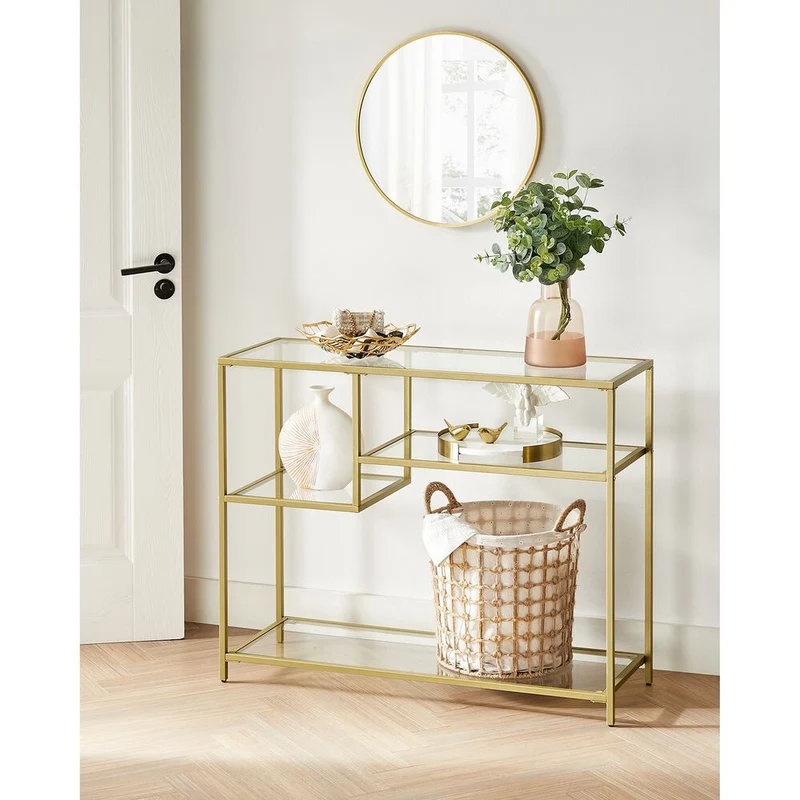 Nancy's Verwood Sidetable Goud - Stalen Frame - Gehard Glas - Bijzettafel - Dressoir - Modern - 100 x 35 x 80 cm (BxDxH)