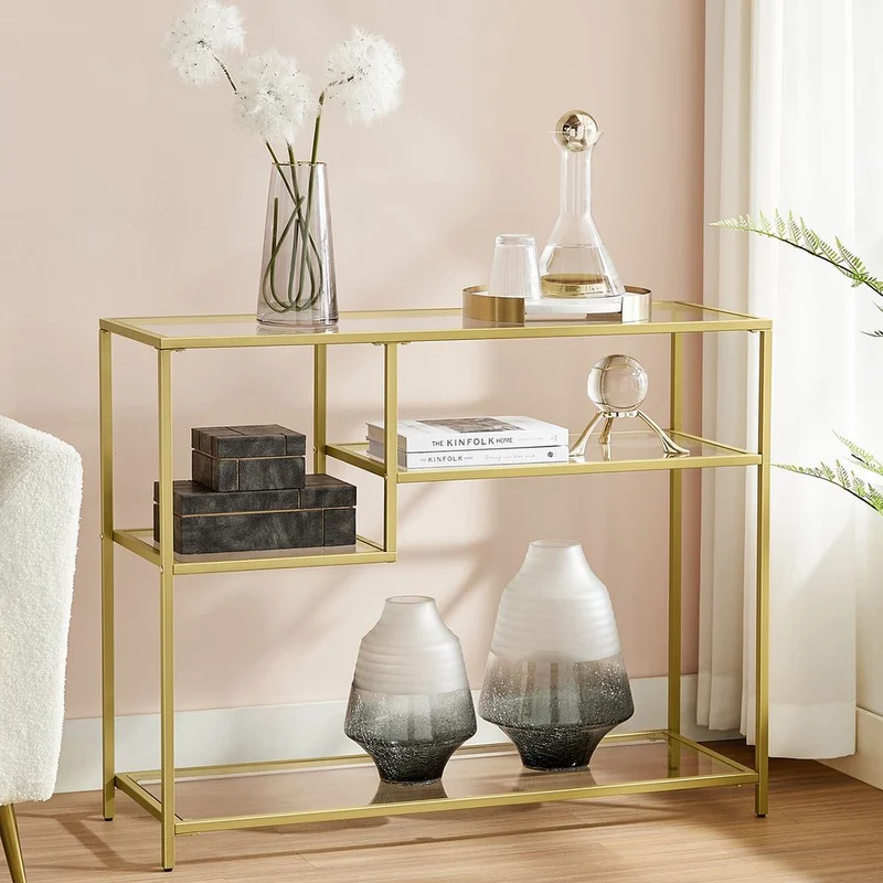 Nancy's Verwood Sidetable Goud - Stalen Frame - Gehard Glas - Bijzettafel - Dressoir - Modern - 100 x 35 x 80 cm (BxDxH)
