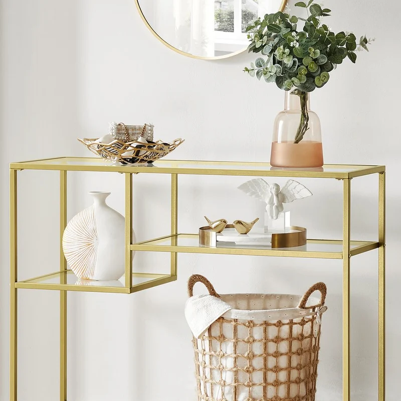 Nancy's Verwood Sidetable Goud - Stalen Frame - Gehard Glas - Bijzettafel - Dressoir - Modern - 100 x 35 x 80 cm (BxDxH)