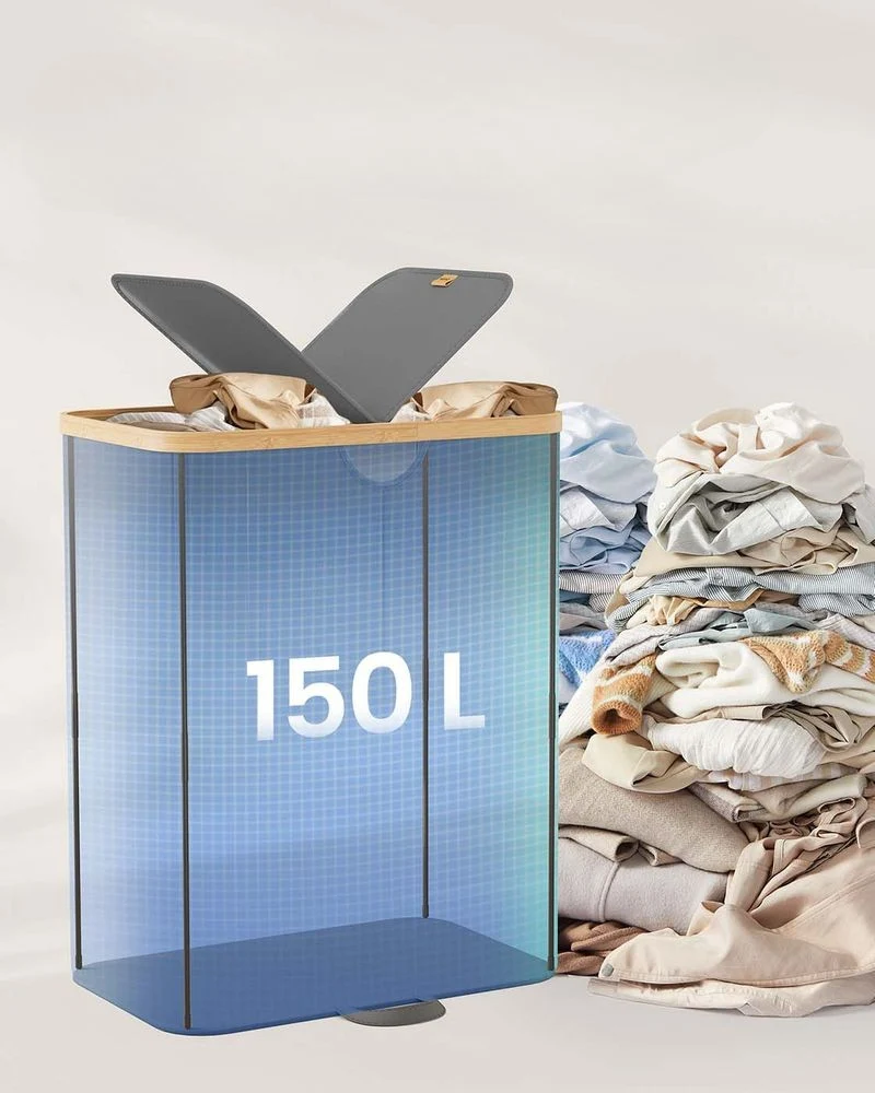 Nancy's Miazzina Wasmand - Wasbox - Wassorteerder - 2 Vakken - Grijs / Beige - 150 Liter