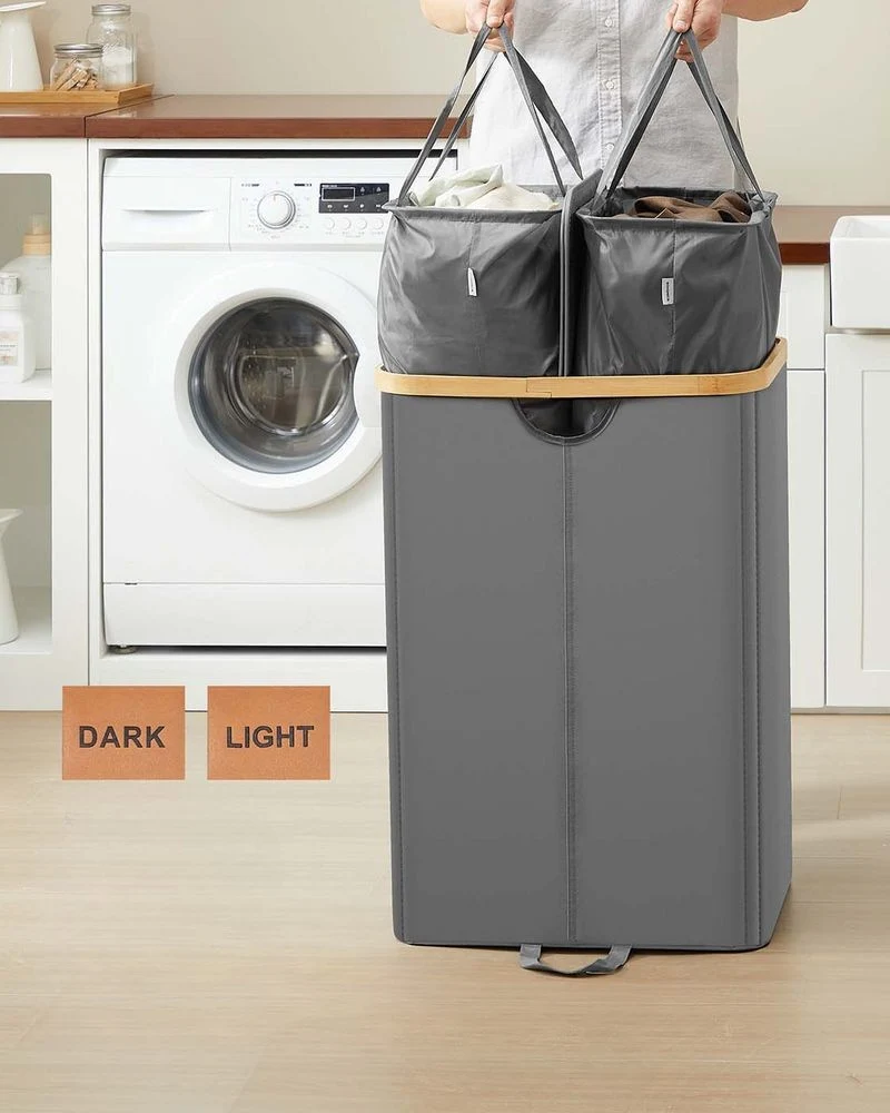 Nancy's Miazzina Wasmand - Wasbox - Wassorteerder - 2 Vakken - Grijs / Beige - 150 Liter