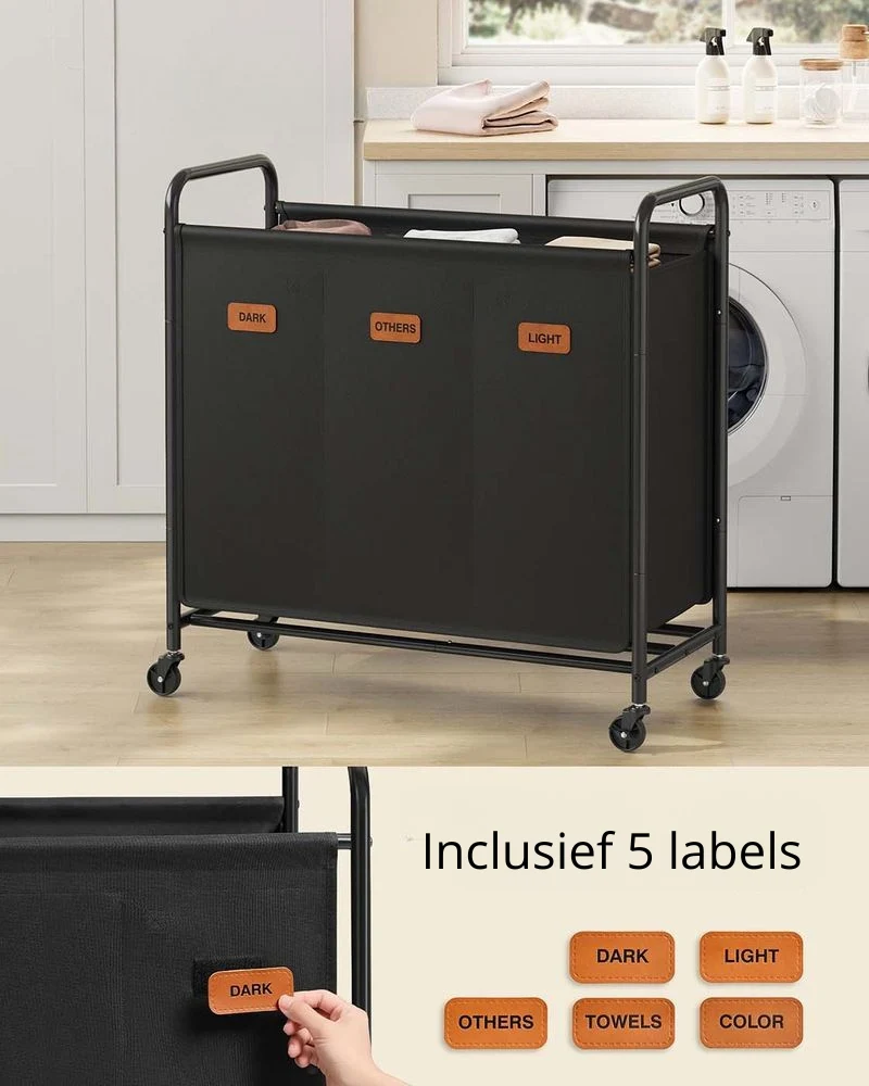 Nancy's Greccio Wasmand - Wasbox - Wassorteerder - 3 Vakken - Zwart - 170 Liter