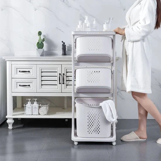 Eleganca Wasmand 3 vakken - Wasbox - Wassorteerder - Wasmand op Wielen - Wit - 82 Liter