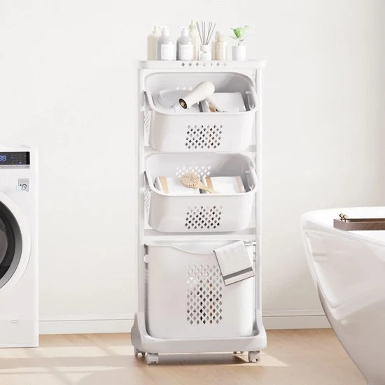 Eleganca Wasmand 3 vakken - Wasbox - Wassorteerder - Wasmand op Wielen - Wit - 82 Liter