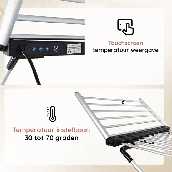 Eleganca Elektrisch Droogrek XL - Verwarmd Wasrek voor Kleding en Handdoeken - Timer met Touchscreen - 220-240V - 310W - Zilver