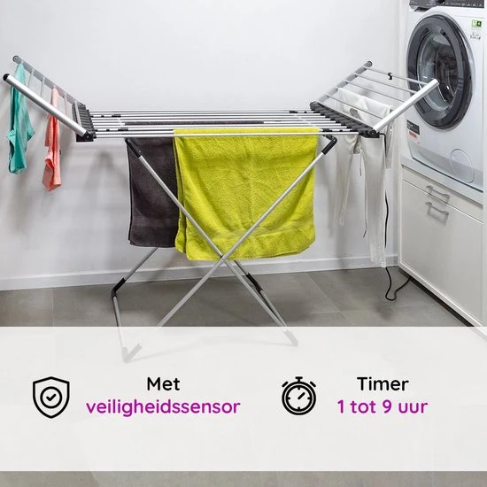 Eleganca Elektrisch Droogrek - Verwarmd Wasrek - Timer met Touchscreen - Veiligheidssensor - Zilver - 230W