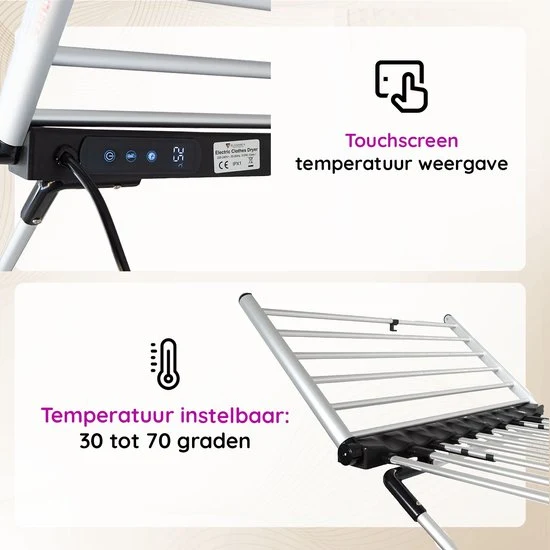 Eleganca Elektrisch Droogrek - Verwarmd Wasrek - Timer met Touchscreen - Veiligheidssensor - Zilver - 230W