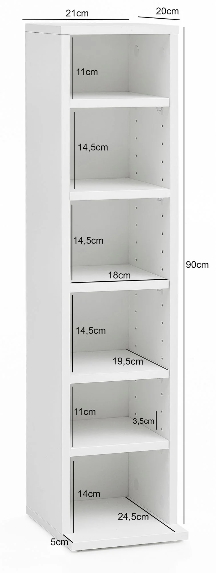 Nancy's Boekenkast Tim met 6 vakken - Opbergkast - Vakkenkast - Wit - ± 20 x 90 x 20 cm