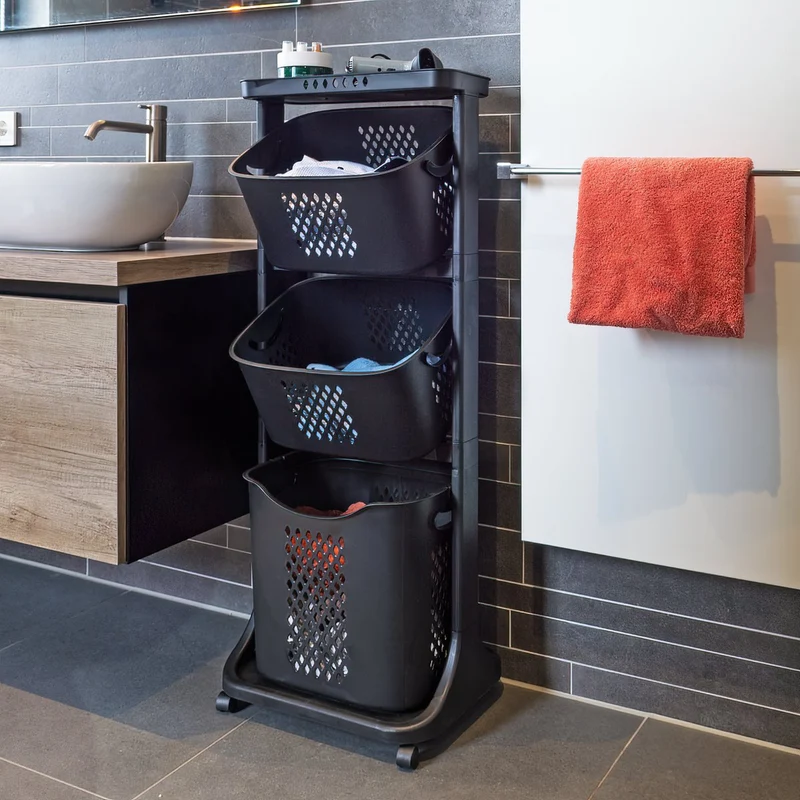 Eleganca Verrijdbare wasmand met drie manden Zwart- Wassorteerder Zwart 82 liter