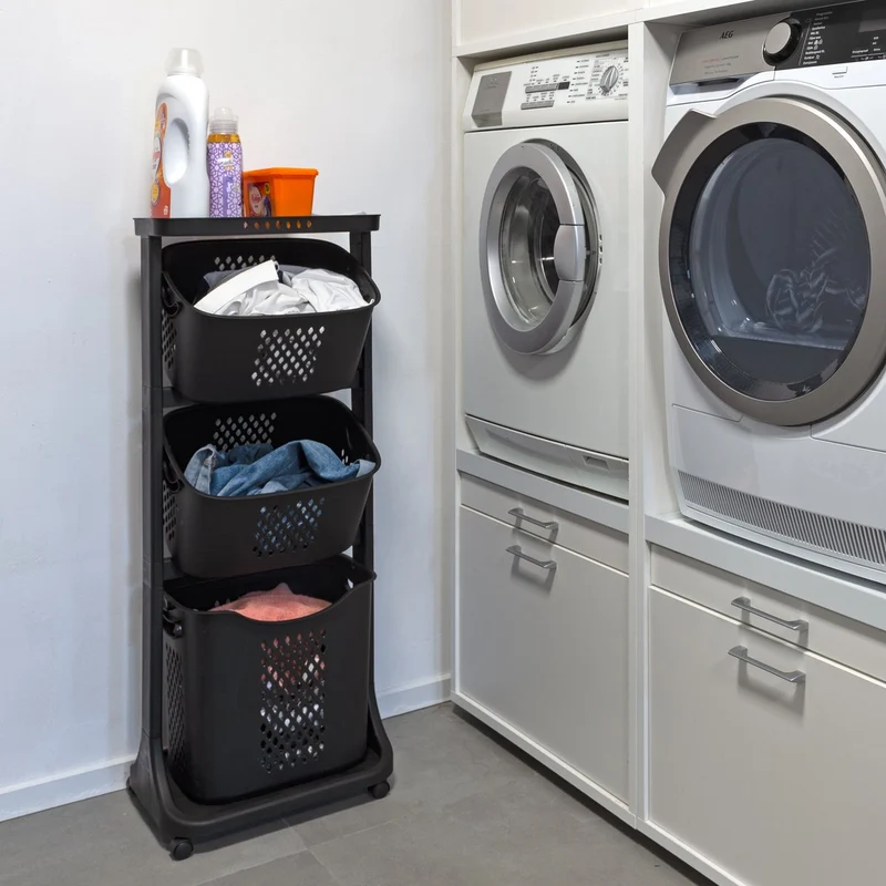 Eleganca Verrijdbare wasmand met drie manden Zwart- Wassorteerder Zwart 82 liter