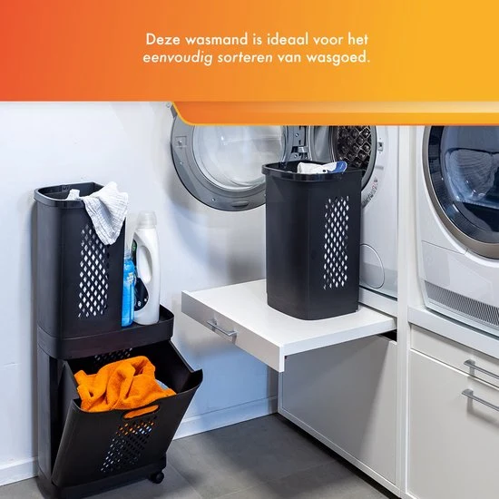 Eleganca 3-in-1 Wasmand - Wassorteerder - Wasmand op Wielen - Zwart - 95 Liter - ± 30 x 45 x 90 cm