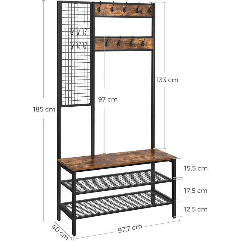 Nancy's Garderoberek met Kapstok - Schoenenrek - Vintage Bruin - ± 100 x 40 x 185 cm