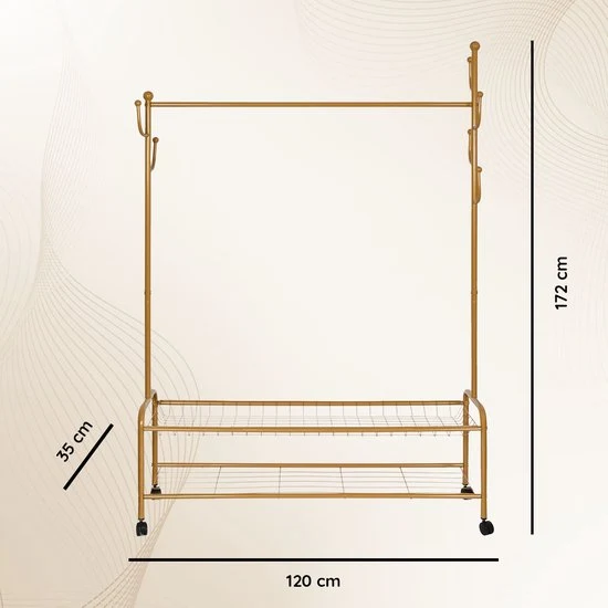 Eleganca Kledingrek - Garderoberek - Kledingstang - Met 6 Ophanghaken - Goud - Staal - 120 x 35 x 172 cm