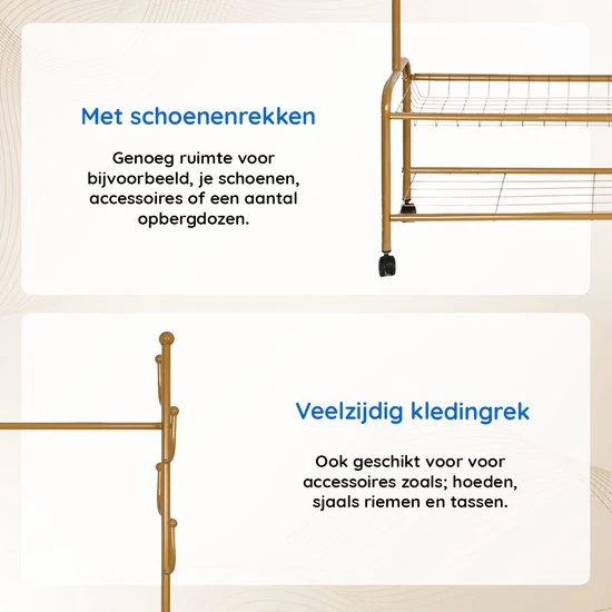 Eleganca Kledingrek - Garderoberek - Kledingstang - Met 6 Ophanghaken - Goud - Staal - 120 x 35 x 172 cm