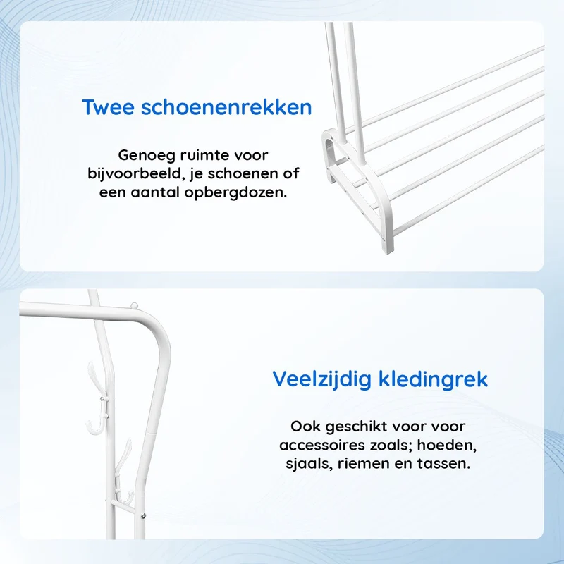 Eleganca Kledingrek - 2 stangen en schoenenplanken - Wit- Staal