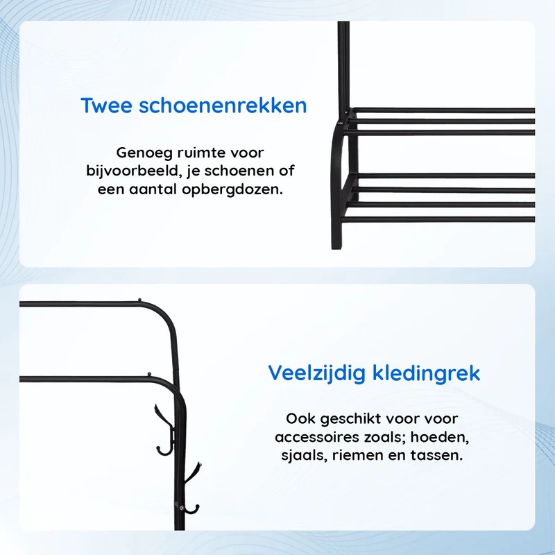 Eleganca Kledingrek - 2 stangen en schoenenplanken - Zwart - Staal