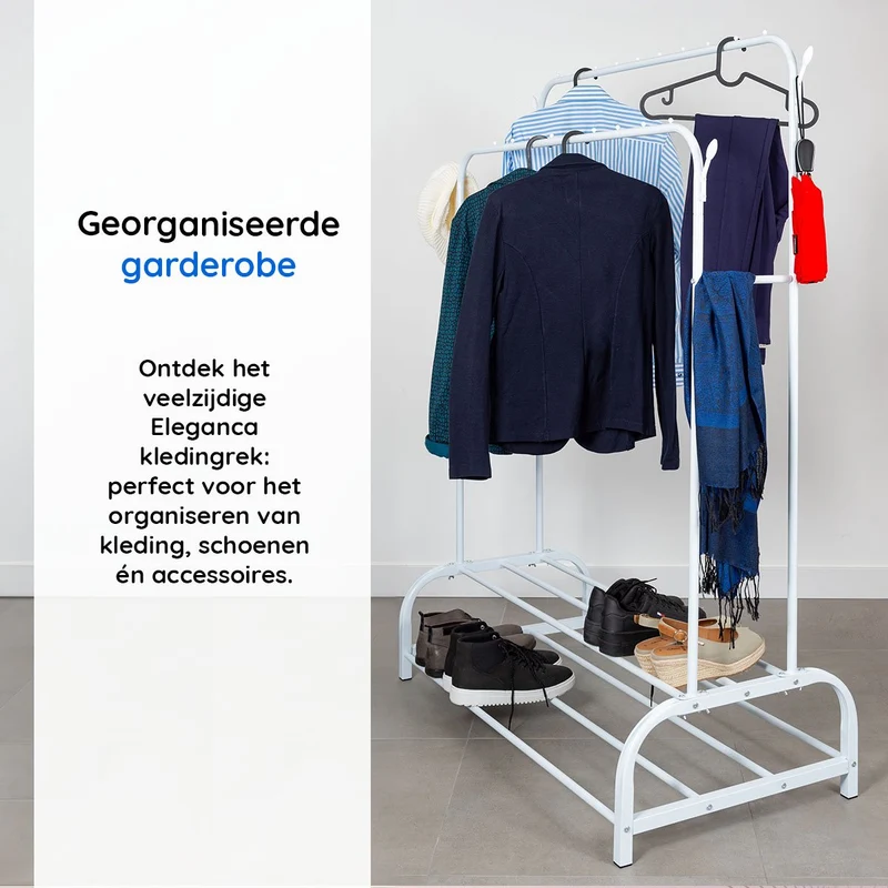Eleganca Kledingrek met stangen en haken - Wit - Staal - 2 Schoenenplanken