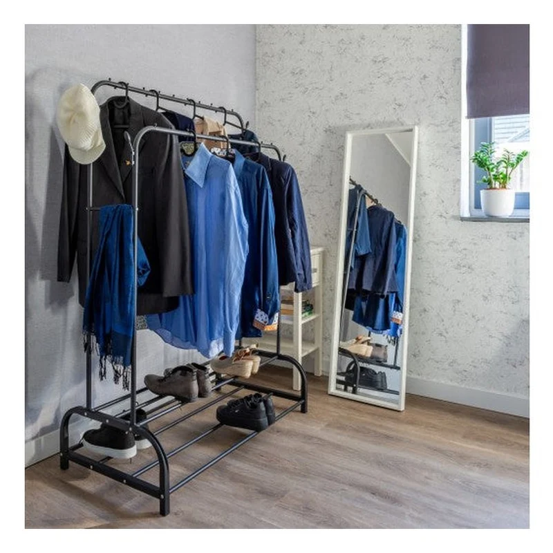 Eleganca Kledingrek met stangen en haken - Zwart - Staal - 2 Schoenenplanken