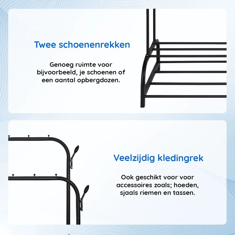 Eleganca Kledingrek met stangen en haken - Zwart - Staal - 2 Schoenenplanken