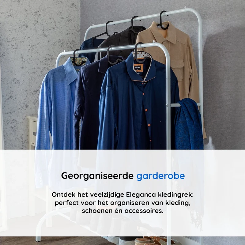 ELEGANCA Kledingrek - Wit- Metaal - Kledingrek met 2 stangen - Schoenenplank