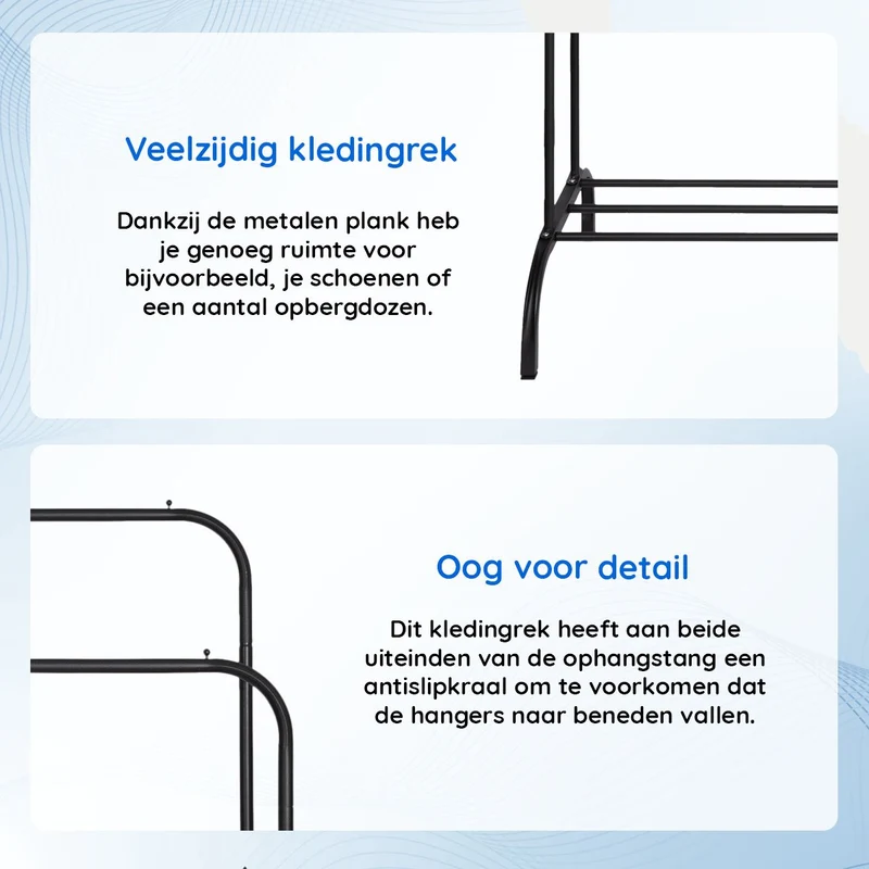 ELEGANCA Kledingrek - Zwart - Metaal - Kledingrek met 2 stangen - Schoenenplank