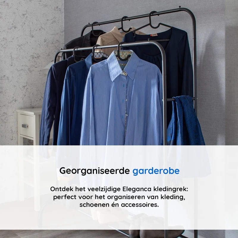 ELEGANCA Kledingrek - Zwart - Metaal - Kledingrek met 2 stangen - Schoenenplank