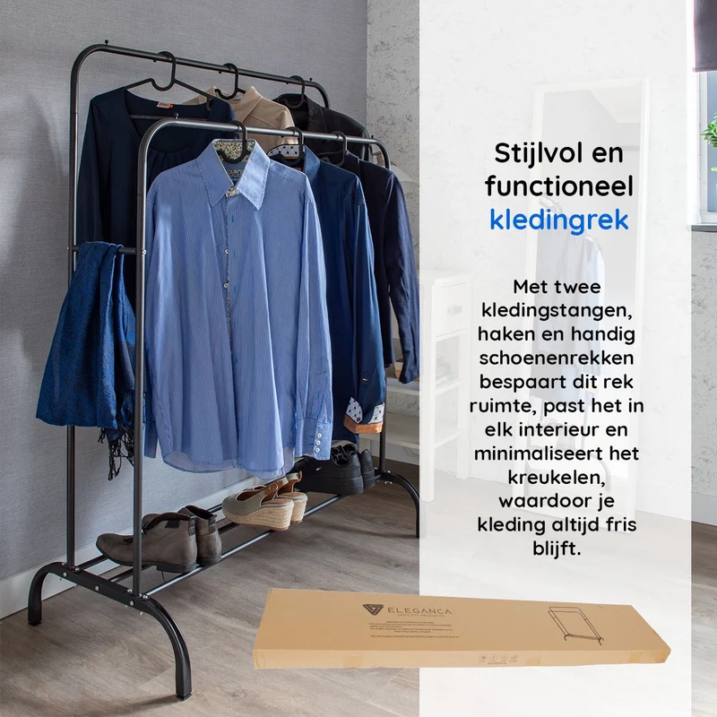 ELEGANCA Kledingrek - Zwart - Metaal - Kledingrek met 2 stangen - Schoenenplank