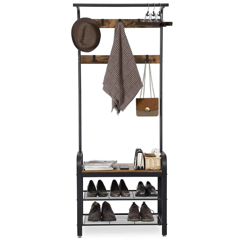 Nancy's Westburry Staand Garderoberek - Kapstok - Schoenenrek en Zitbank - Vintage Bruin / Zwart - ± 70 x 35 x 185 cm