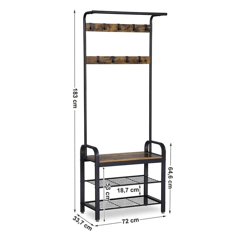 Nancy's Westburry Staand Garderoberek - Kapstok - Schoenenrek en Zitbank - Vintage Bruin / Zwart - ± 70 x 35 x 185 cm