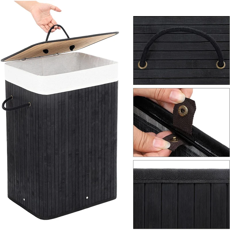 Nancy's Vermoim Wasmand - Wasbox - Uitneembare Waszak - Zwart - Bamboe - 72 Liter