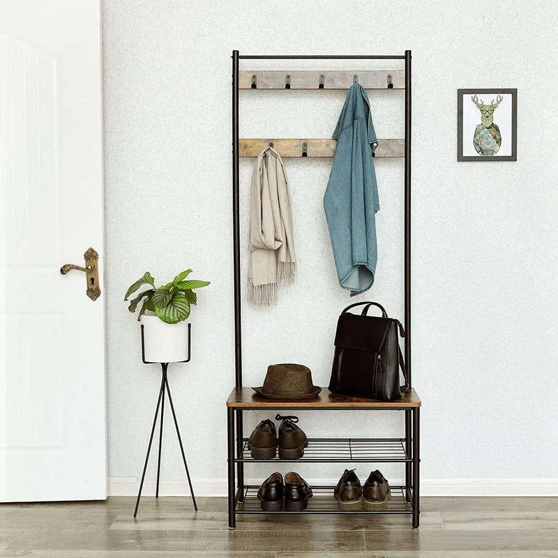 Nancy's Hinsdale Garderoberek - Kapstok - Schoenenrek - Kapstok Staand - Vintage Bruin / Zwart ± 70 x 30 x 175 cm