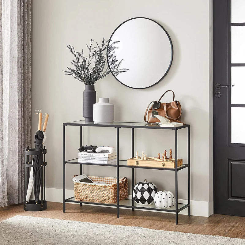 Nancy’s Chacacal Sidetable - Consoletafel - Bijzettafel - met Gehard Glas - Modern - Zwart - Staal - ± 100 x 30 x 70 cm