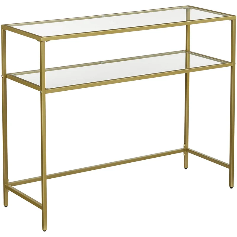Nancy's Goldfield Sidetable - Bijzettafel - Consoletafel - 2 Niveaus - Goud - Glas / Staal - 35 x 100 x 80 cm