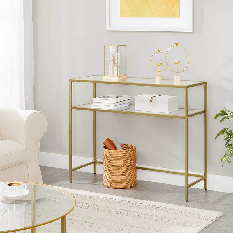 Nancy's Goldfield Sidetable - Bijzettafel - Consoletafel - 2 Niveaus - Goud - Glas / Staal - 35 x 100 x 80 cm