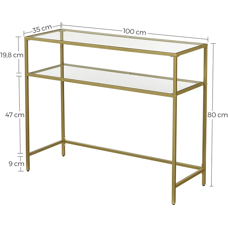 Nancy's Goldfield Sidetable - Bijzettafel - Consoletafel - 2 Niveaus - Goud - Glas / Staal - 35 x 100 x 80 cm
