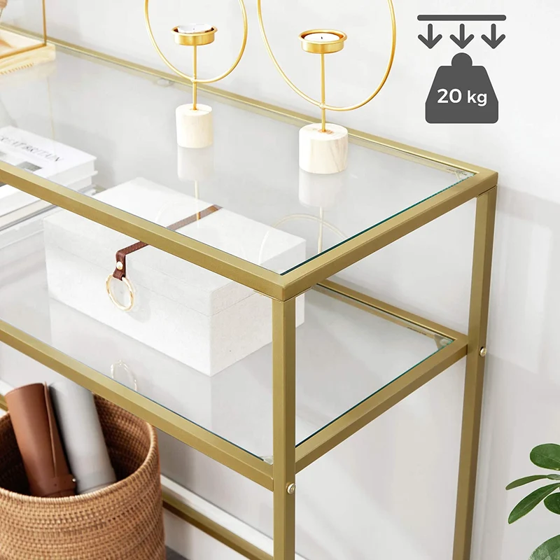 Nancy's Goldfield Sidetable - Bijzettafel - Consoletafel - 2 Niveaus - Goud - Glas / Staal - 35 x 100 x 80 cm