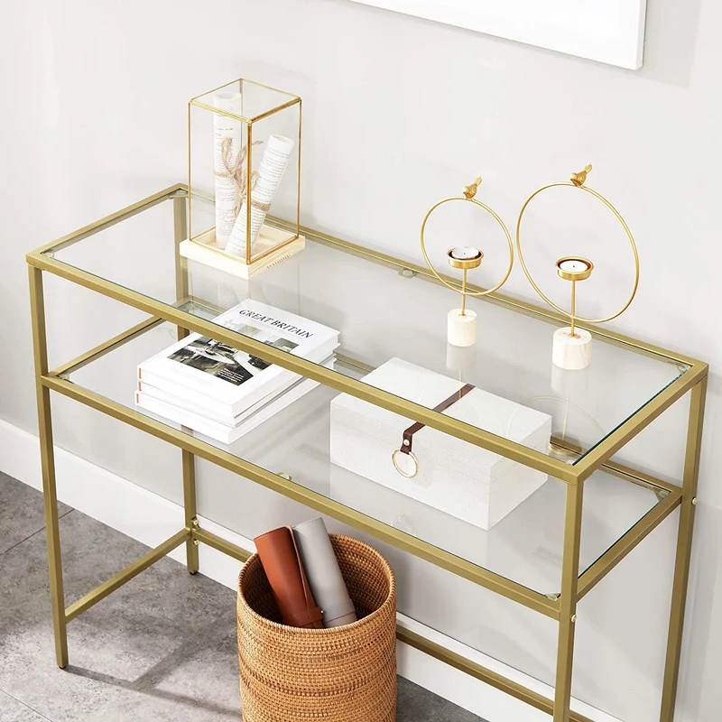 Nancy's Goldfield Sidetable - Bijzettafel - Consoletafel - 2 Niveaus - Goud - Glas / Staal - 35 x 100 x 80 cm