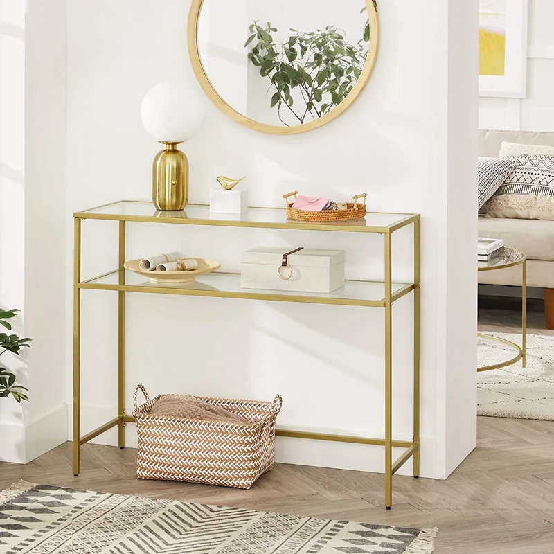 Nancy's Goldfield Sidetable - Bijzettafel - Consoletafel - 2 Niveaus - Goud - Glas / Staal - 35 x 100 x 80 cm